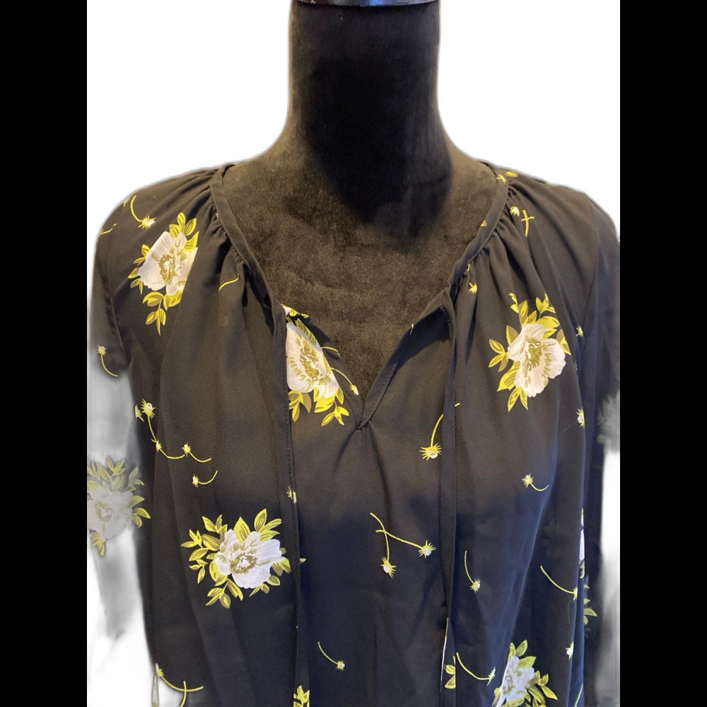 MittoShop Blouse Oversized Size Small Black‎ Sheer Floral V Tie Neck Dressy Chic